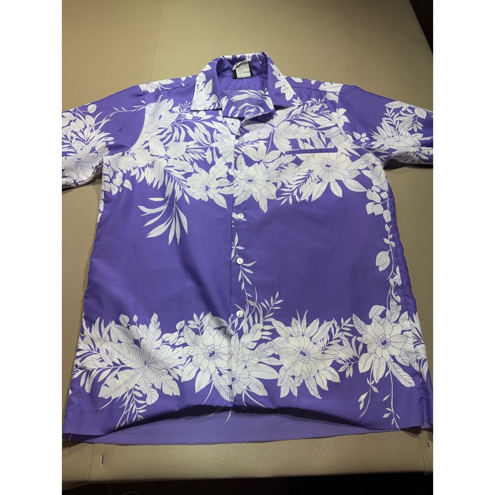 Hilo Hattie Mens Purple White Floral Tropical Hawaiian Camp Shirt Made in HI